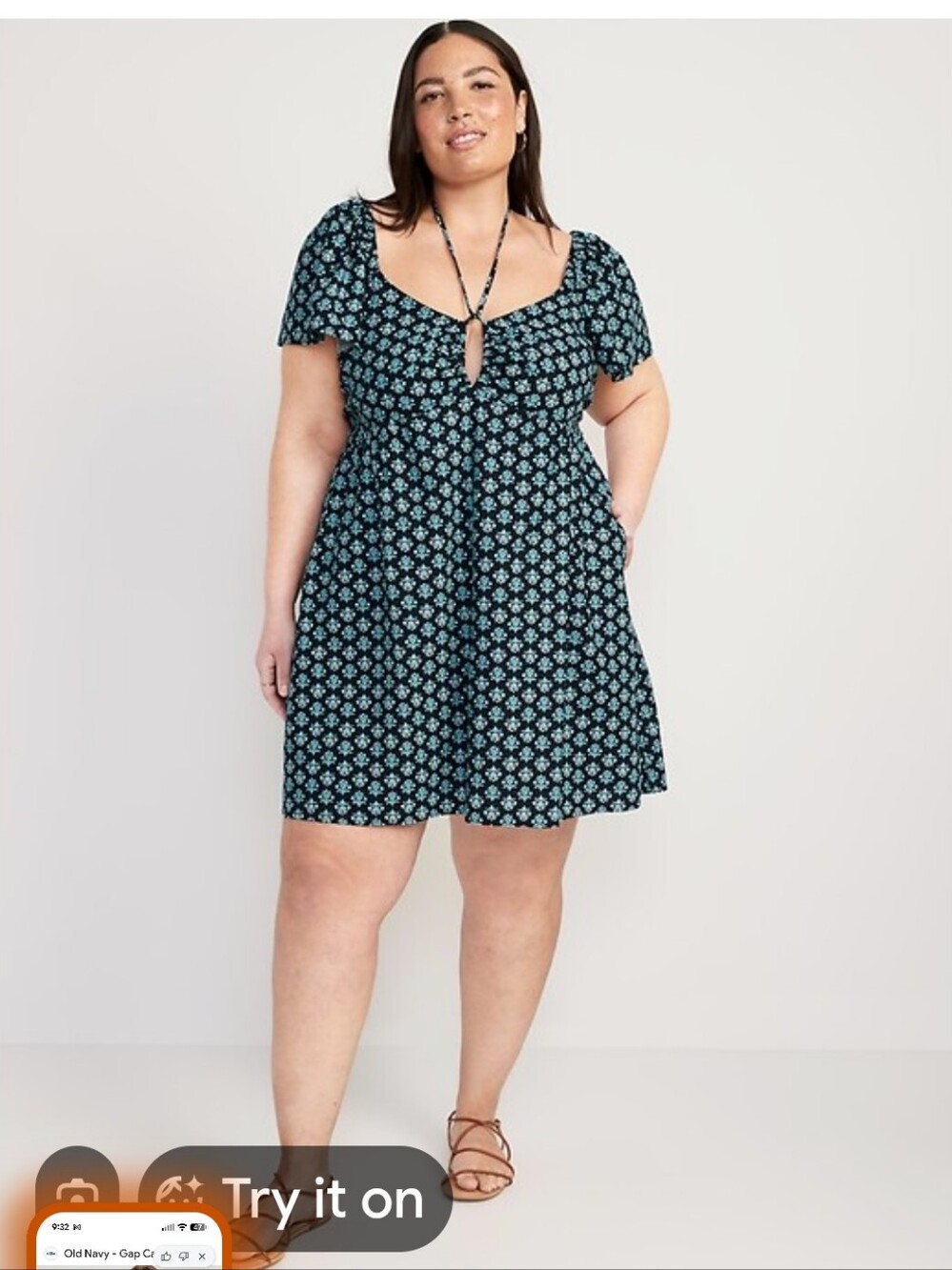 Flutter-Sleeve Linen-Blend Halter Keyhole Mini Swing Dress
